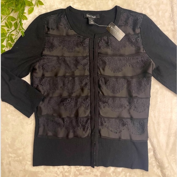 White House Black Market Sweaters - NWT 🏷 WHBM Black Cardigan with Lace and Satin Detail Work Size Small